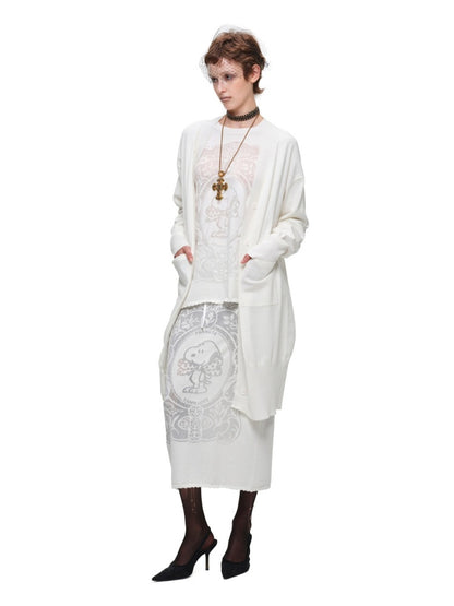1JINN STUDIO x Snoopy Collaboration Vintage Picture Frame Embroidered Flowers Slightly Sheer Lazy Long Knit Cardigan【s0000018133】