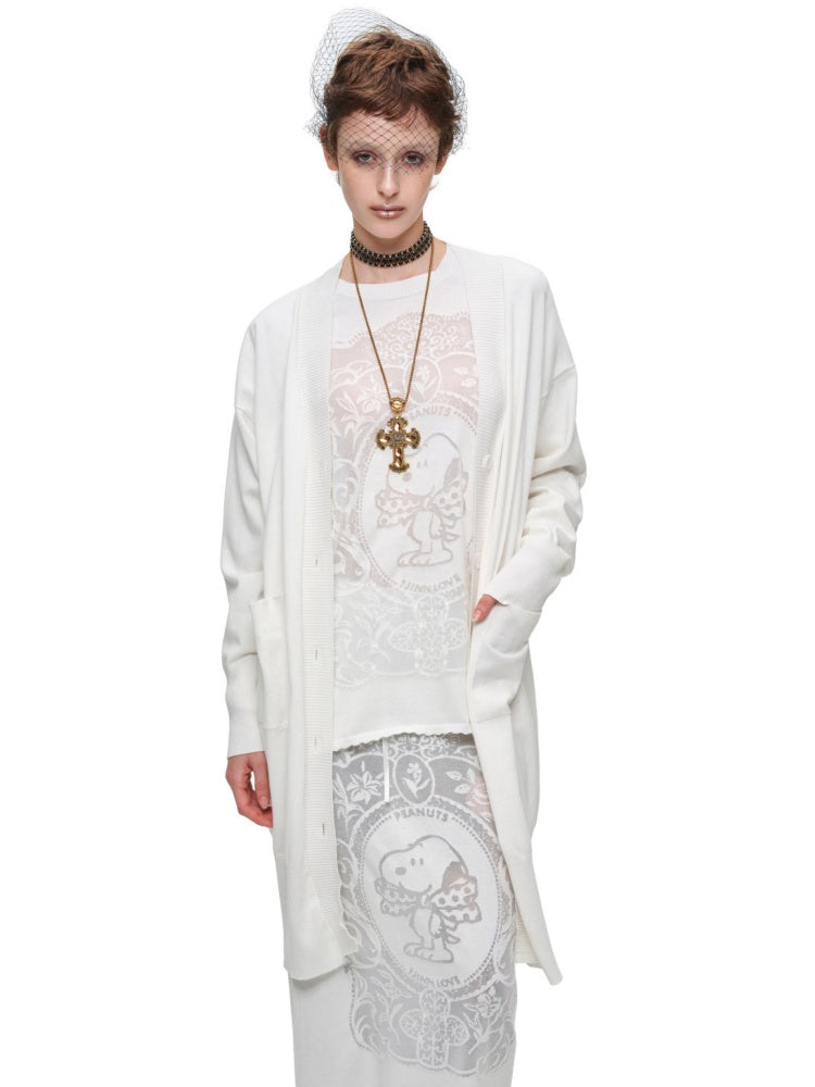 1JINN STUDIO x Snoopy Collaboration Vintage Picture Frame Embroidered Flowers Slightly Sheer Lazy Long Knit Cardigan【s0000018133】