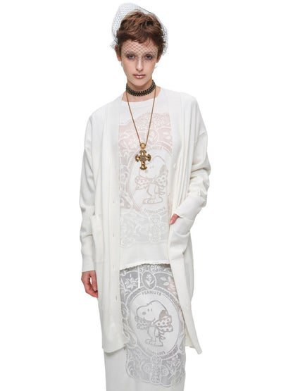 1JINN STUDIO x Snoopy Collaboration Vintage Picture Frame Embroidered Flowers Slightly Sheer Lazy Long Knit Cardigan【s0000018133】