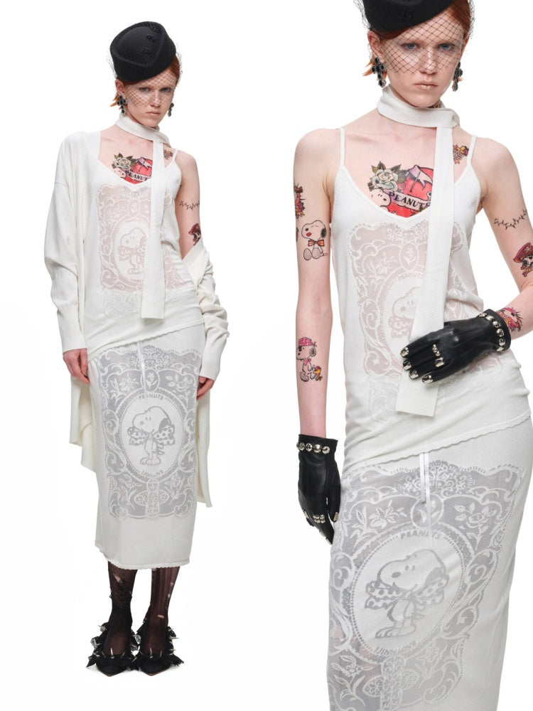 1JINN STUDIO x Snoopy Collaboration Vintage Picture Frame Embroidered Flowers Slightly Sheer Lazy Long Knit Cardigan【s0000018133】