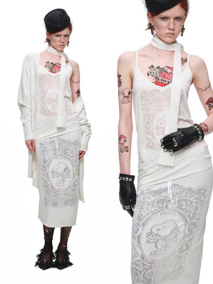 1JINN STUDIO x Snoopy Collaboration Vintage Picture Frame Embroidered Flowers Slightly Sheer Lazy Long Knit Cardigan【s0000018133】