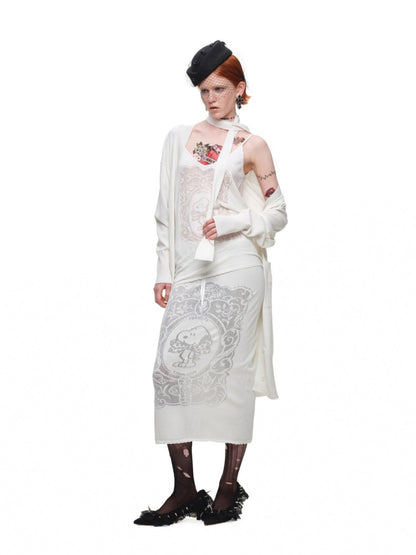 1JINN STUDIO x Snoopy Collaboration Vintage Picture Frame Embroidered Flowers Slightly Sheer Lazy Long Knit Cardigan【s0000018133】