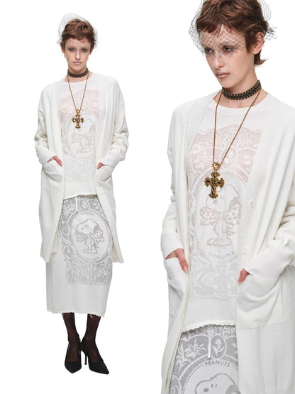 1JINN STUDIO x Snoopy Collaboration Vintage Picture Frame Embroidered Flowers Slightly Sheer Lazy Long Knit Cardigan【s0000018133】