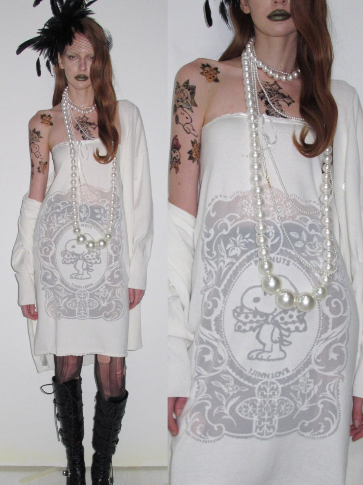 1JINN STUDIO x Snoopy Collaboration Vintage Picture Frame Embroidered Flowers Slightly Sheer Lazy Long Knit Cardigan【s0000018133】