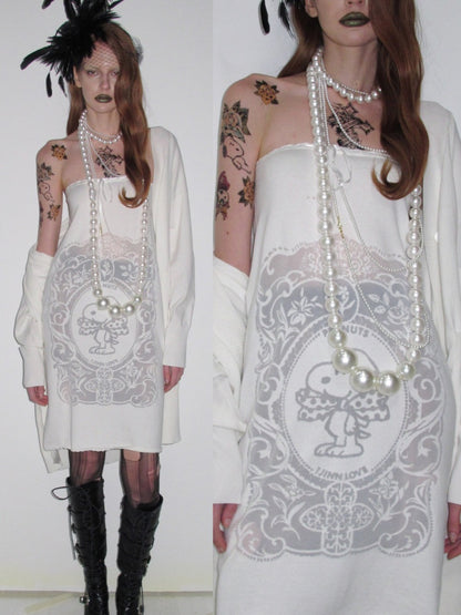 1JINN STUDIO x Snoopy Collaboration Vintage Picture Frame Embroidered Flowers Slightly Sheer Lazy Long Knit Cardigan【s0000018133】