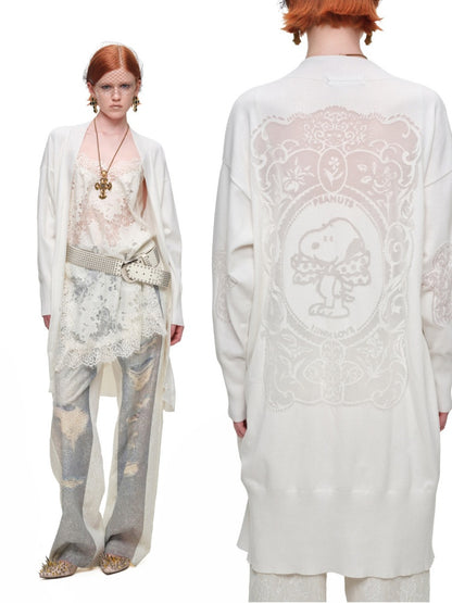 1JINN STUDIO x Snoopy Collaboration Vintage Picture Frame Embroidered Flowers Slightly Sheer Lazy Long Knit Cardigan【s0000018133】