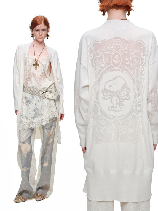 1JINN STUDIO x Snoopy Collaboration Vintage Picture Frame Embroidered Flowers Slightly Sheer Lazy Long Knit Cardigan【s0000018133】