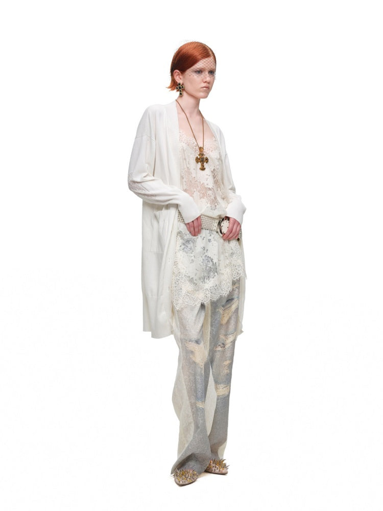 1JINN STUDIO x Snoopy Collaboration Vintage Picture Frame Embroidered Flowers Slightly Sheer Lazy Long Knit Cardigan【s0000018133】