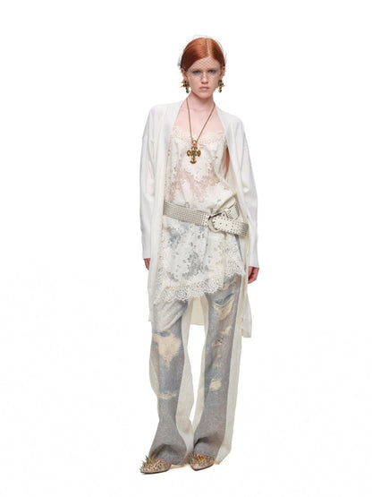 1JINN STUDIO x Snoopy Collaboration Vintage Picture Frame Embroidered Flowers Slightly Sheer Lazy Long Knit Cardigan【s0000018133】