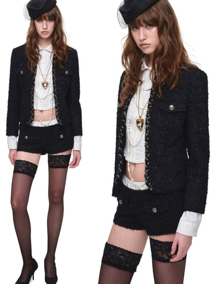 Heavyweight Woven Set Short Three-Quarter Sleeve Jacket Faux Two-Piece Shorts【s0000018134】