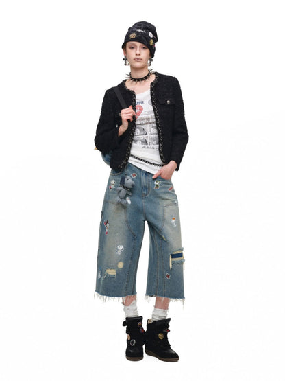 Heavyweight Woven Set Short Three-Quarter Sleeve Jacket Faux Two-Piece Shorts【s0000018134】