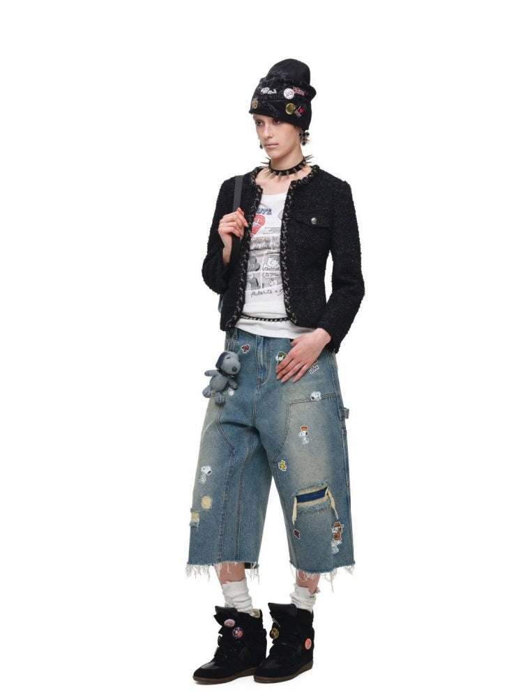 Heavyweight Woven Set Short Three-Quarter Sleeve Jacket Faux Two-Piece Shorts【s0000018134】