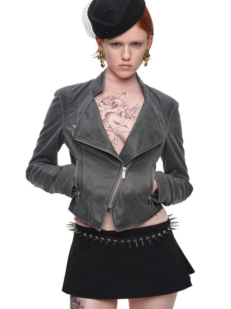 Vintage Distressed Washed Double-Layer Collar Zipper Short Slim Jacket【s0000018135】