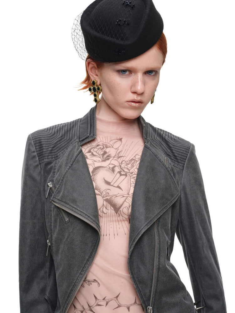 Vintage Distressed Washed Double-Layer Collar Zipper Short Slim Jacket【s0000018135】