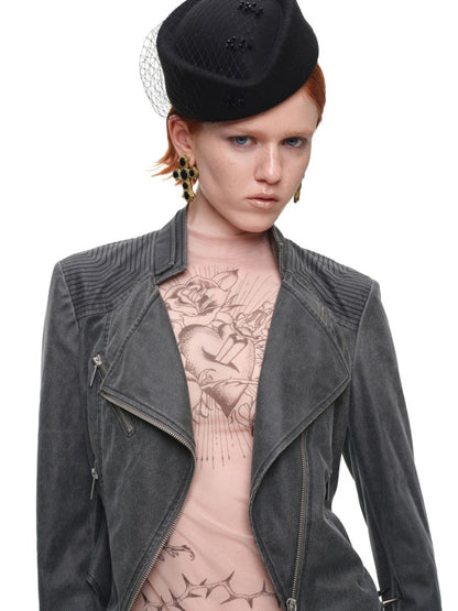 Vintage Distressed Washed Double-Layer Collar Zipper Short Slim Jacket【s0000018135】