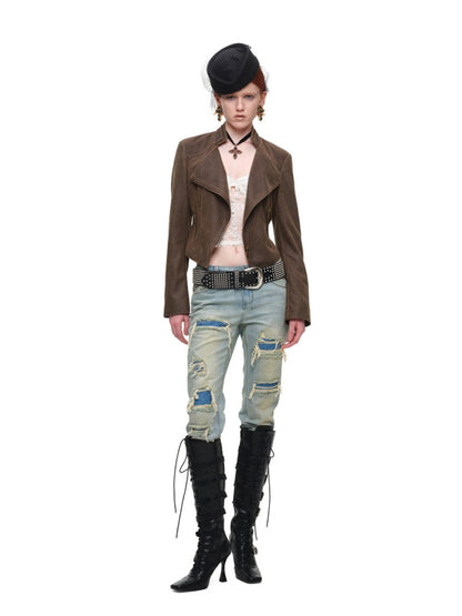 Vintage Distressed Washed Double-Layer Collar Zipper Short Slim Jacket【s0000018135】