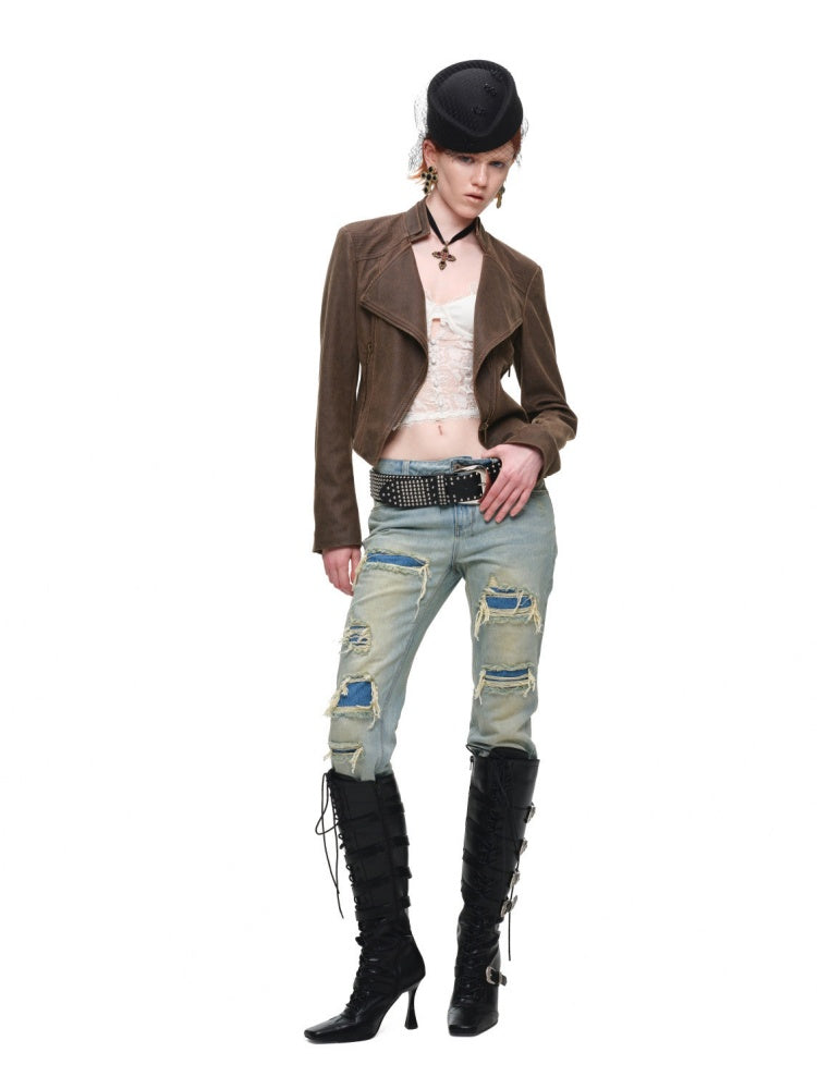 Vintage Distressed Washed Double-Layer Collar Zipper Short Slim Jacket【s0000018135】