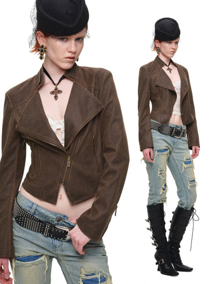 Vintage Distressed Washed Double-Layer Collar Zipper Short Slim Jacket【s0000018135】