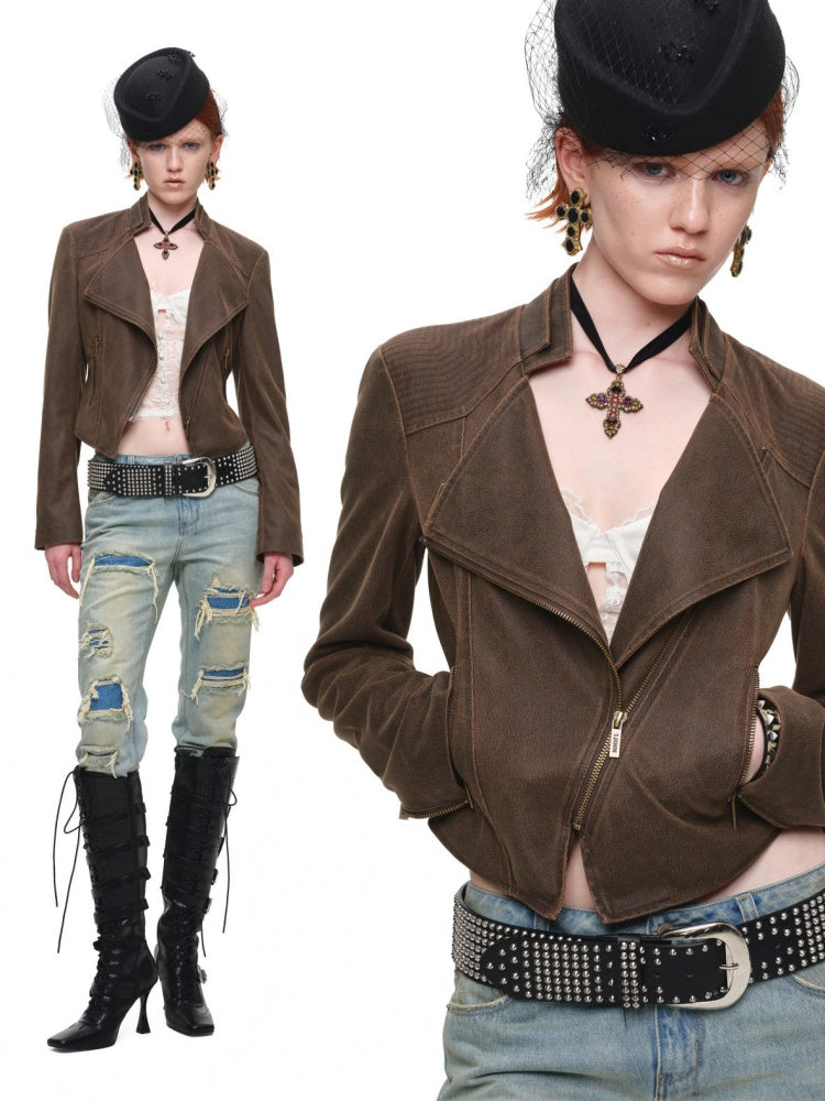 Vintage Distressed Washed Double-Layer Collar Zipper Short Slim Jacket【s0000018135】