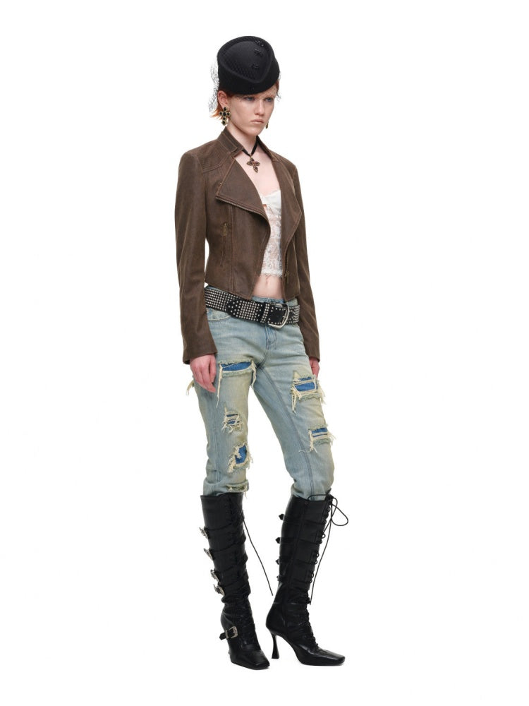 Vintage Distressed Washed Double-Layer Collar Zipper Short Slim Jacket【s0000018135】