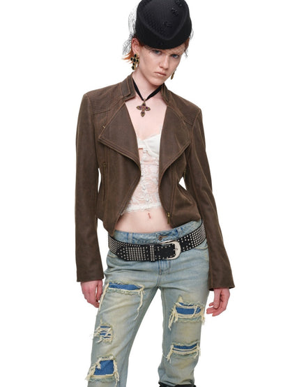 Vintage Distressed Washed Double-Layer Collar Zipper Short Slim Jacket【s0000018135】