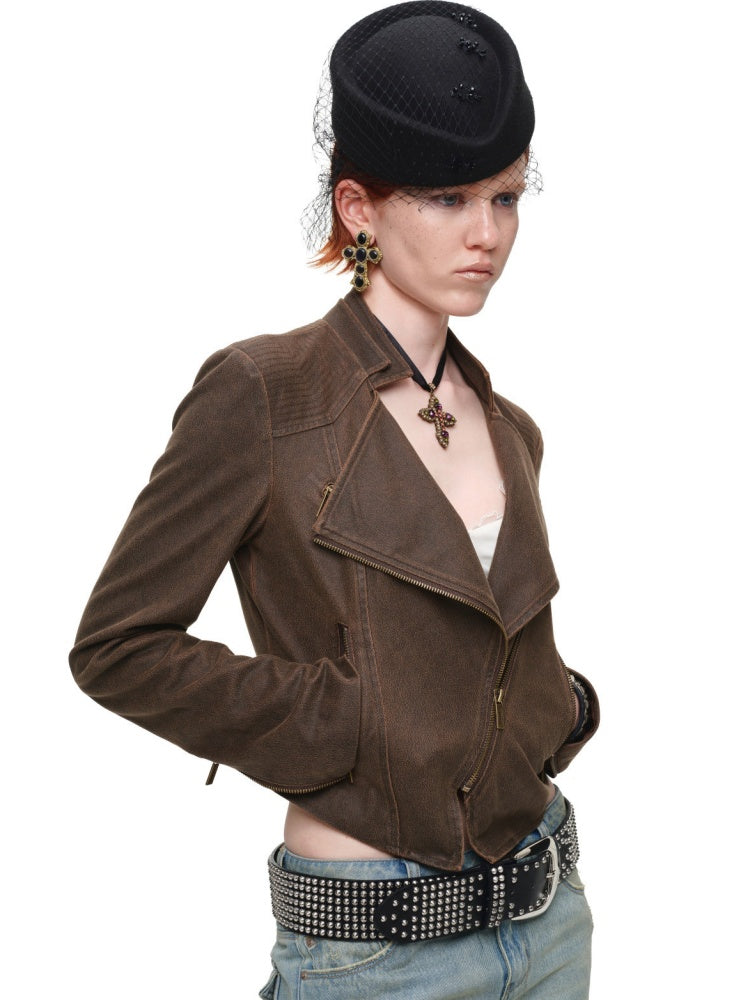 Vintage Distressed Washed Double-Layer Collar Zipper Short Slim Jacket【s0000018135】