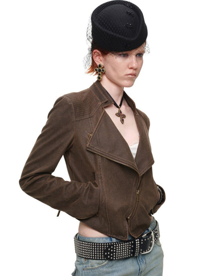 Vintage Distressed Washed Double-Layer Collar Zipper Short Slim Jacket【s0000018135】