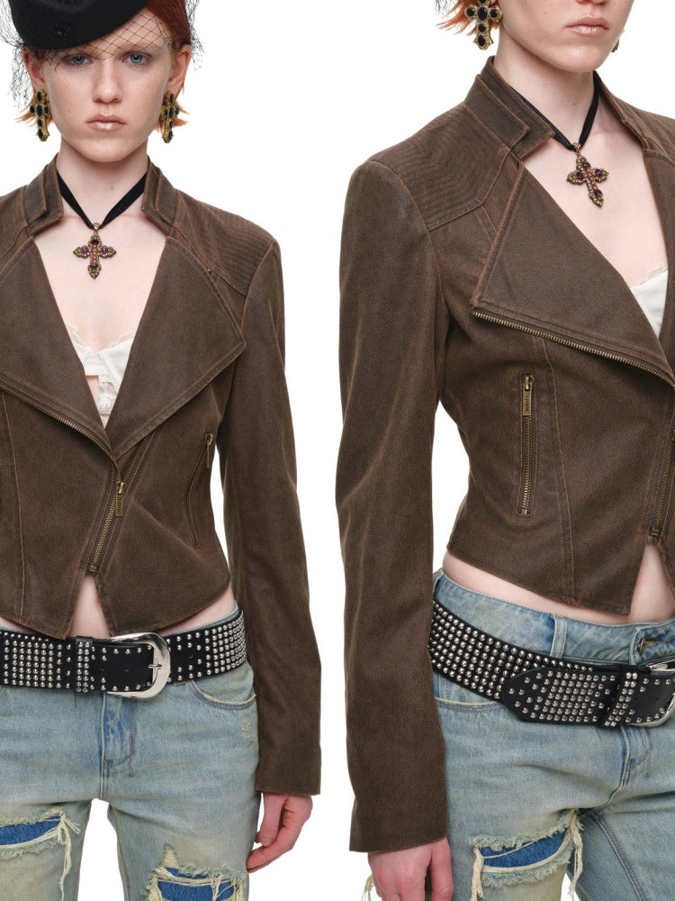 Vintage Distressed Washed Double-Layer Collar Zipper Short Slim Jacket【s0000018135】