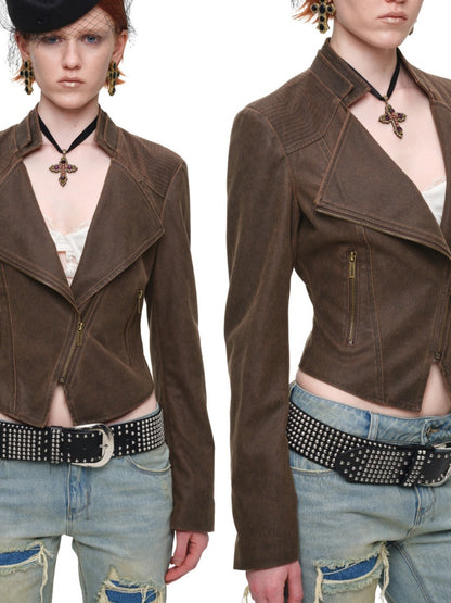 Vintage Distressed Washed Double-Layer Collar Zipper Short Slim Jacket【s0000018135】
