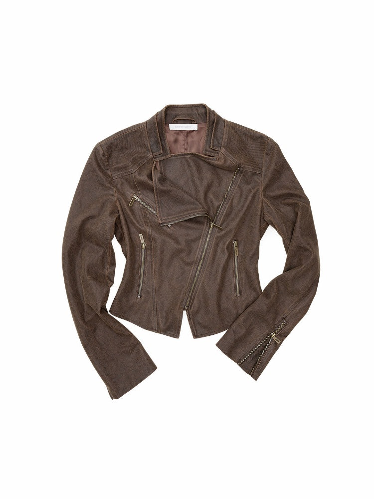 Vintage Distressed Washed Double-Layer Collar Zipper Short Slim Jacket【s0000018135】