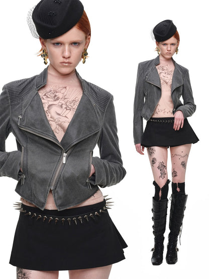 Vintage Distressed Washed Double-Layer Collar Zipper Short Slim Jacket【s0000018135】