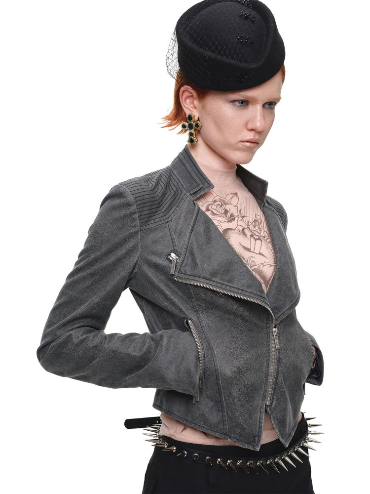 Vintage Distressed Washed Double-Layer Collar Zipper Short Slim Jacket【s0000018135】