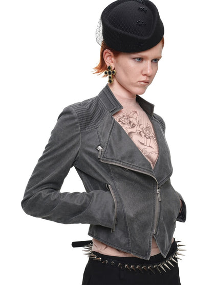 Vintage Distressed Washed Double-Layer Collar Zipper Short Slim Jacket【s0000018135】