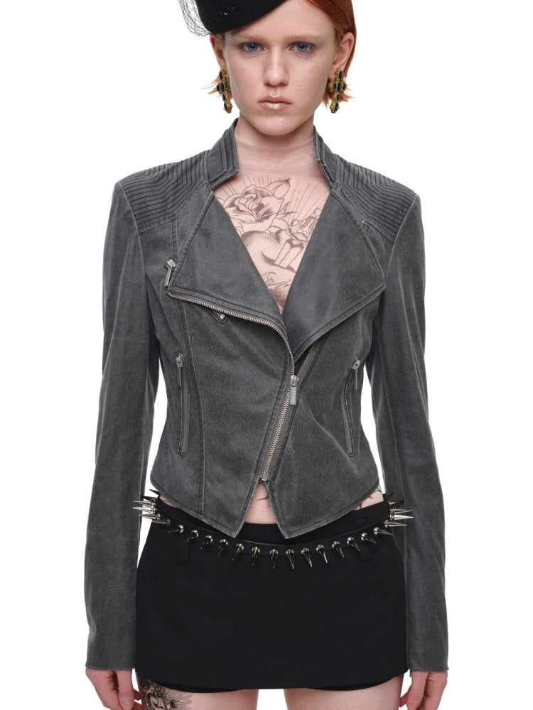 Vintage Distressed Washed Double-Layer Collar Zipper Short Slim Jacket【s0000018135】