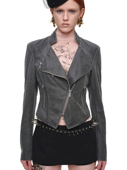 Vintage Distressed Washed Double-Layer Collar Zipper Short Slim Jacket【s0000018135】