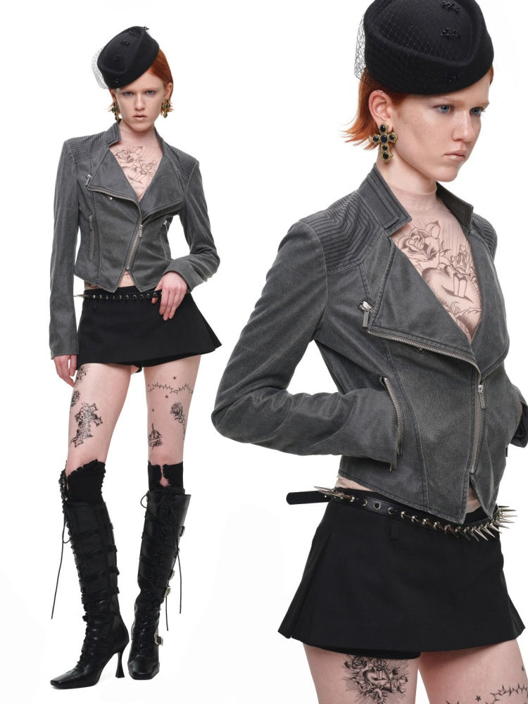 Vintage Distressed Washed Double-Layer Collar Zipper Short Slim Jacket【s0000018135】