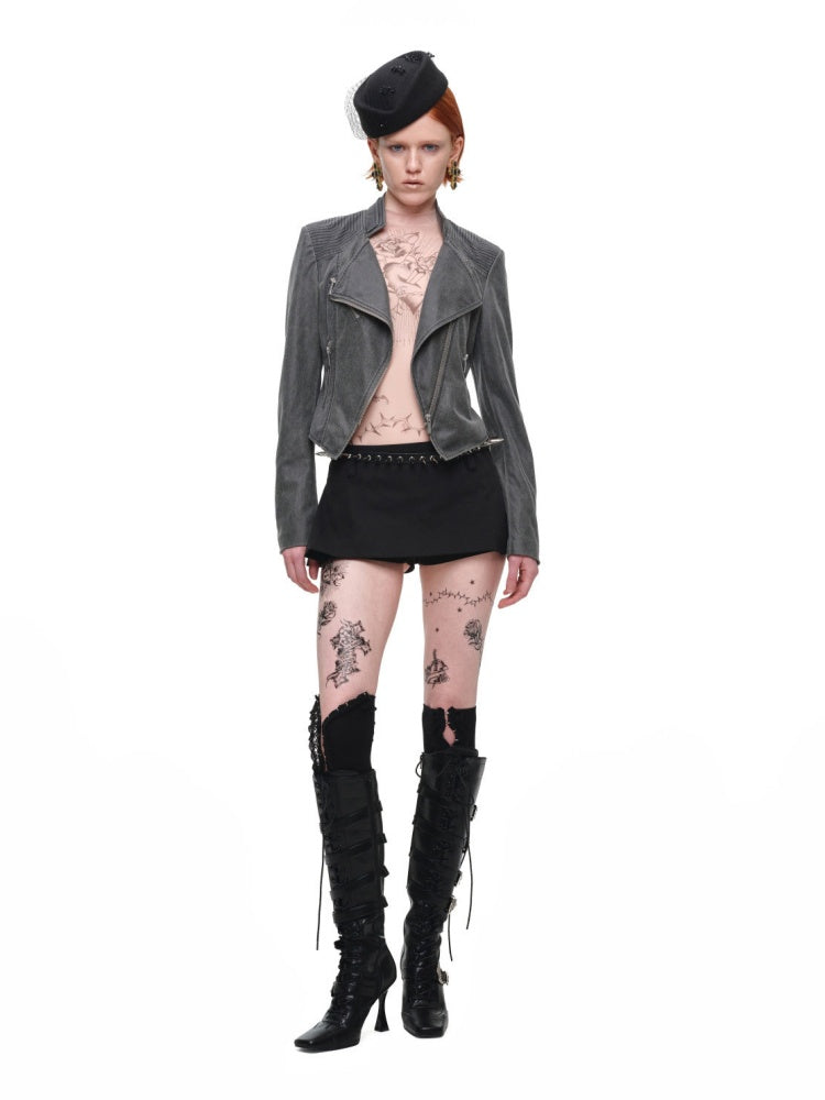 Vintage Distressed Washed Double-Layer Collar Zipper Short Slim Jacket【s0000018135】