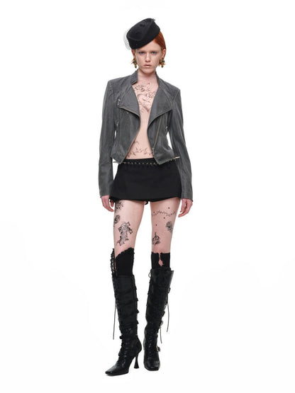 Vintage Distressed Washed Double-Layer Collar Zipper Short Slim Jacket【s0000018135】