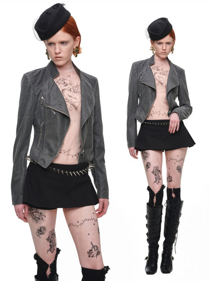 Vintage Distressed Washed Double-Layer Collar Zipper Short Slim Jacket【s0000018135】