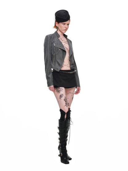 Vintage Distressed Washed Double-Layer Collar Zipper Short Slim Jacket【s0000018135】
