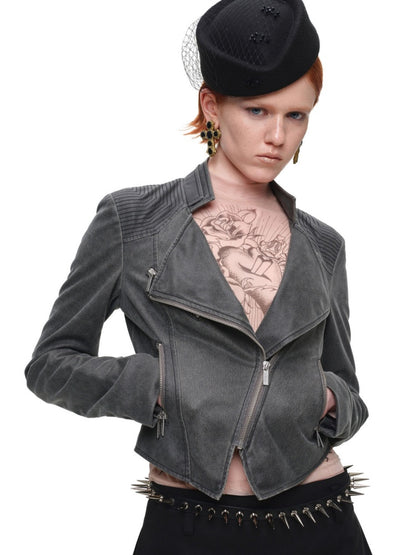 Vintage Distressed Washed Double-Layer Collar Zipper Short Slim Jacket【s0000018135】