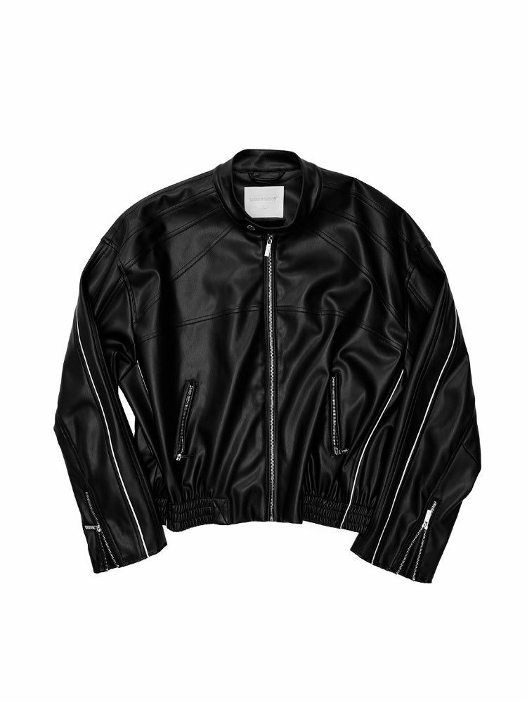 High-End Casual Relaxed Loose Color-Blocked Biker PU Leather Short Black Jacket【s0000018136】