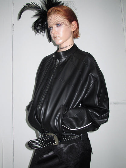 High-End Casual Relaxed Loose Color-Blocked Biker PU Leather Short Black Jacket【s0000018136】
