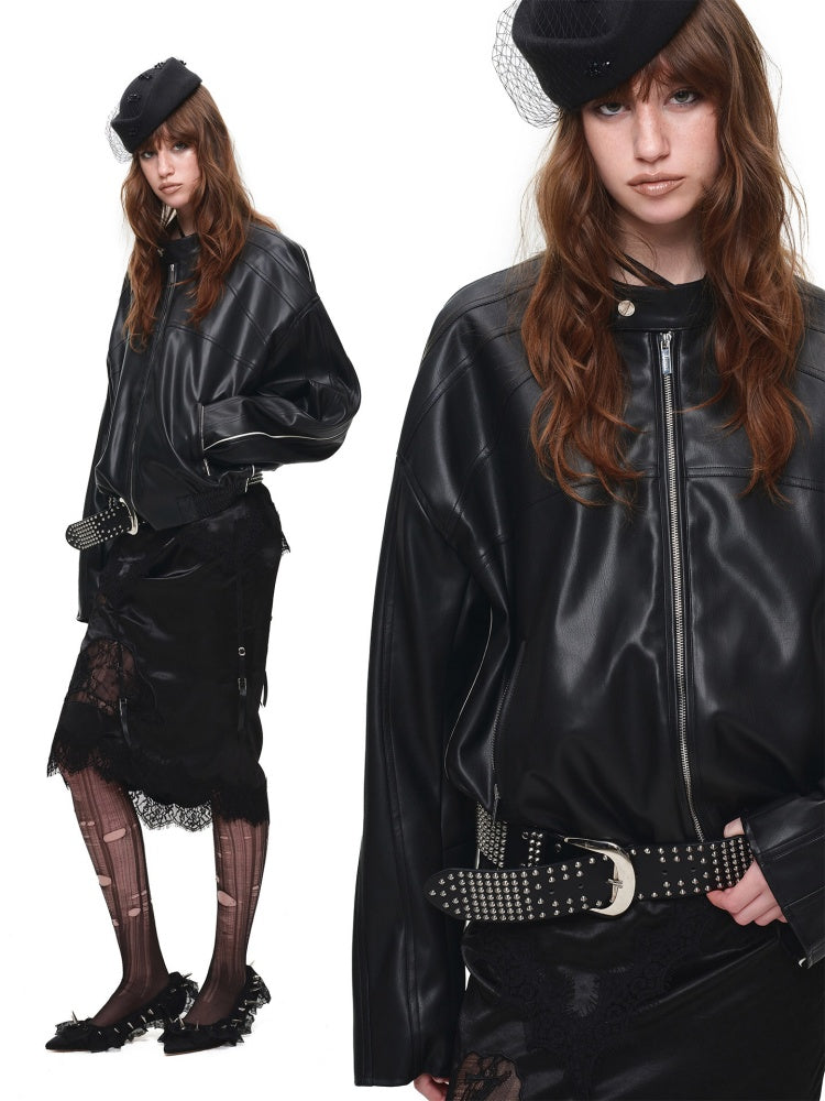 High-End Casual Relaxed Loose Color-Blocked Biker PU Leather Short Black Jacket【s0000018136】