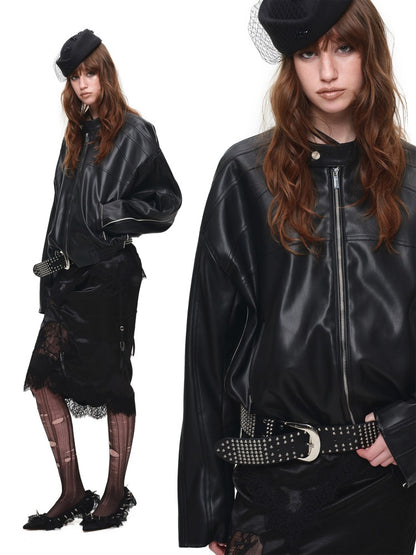 High-End Casual Relaxed Loose Color-Blocked Biker PU Leather Short Black Jacket【s0000018136】