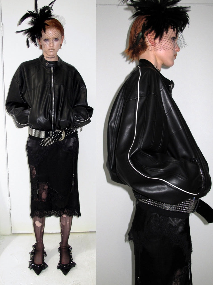 High-End Casual Relaxed Loose Color-Blocked Biker PU Leather Short Black Jacket【s0000018136】