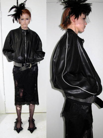 High-End Casual Relaxed Loose Color-Blocked Biker PU Leather Short Black Jacket【s0000018136】