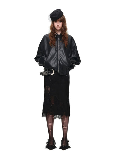 High-End Casual Relaxed Loose Color-Blocked Biker PU Leather Short Black Jacket【s0000018136】