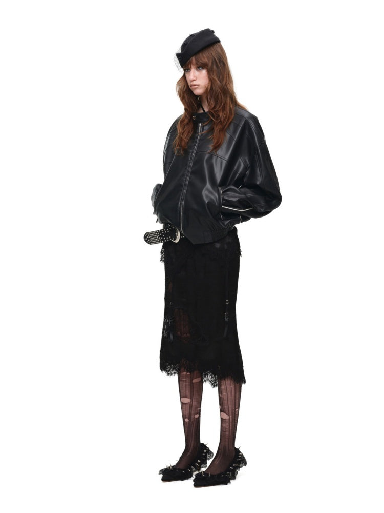 High-End Casual Relaxed Loose Color-Blocked Biker PU Leather Short Black Jacket【s0000018136】