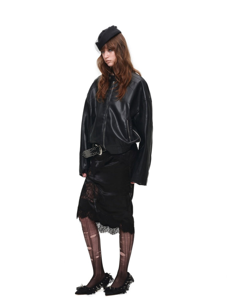 High-End Casual Relaxed Loose Color-Blocked Biker PU Leather Short Black Jacket【s0000018136】